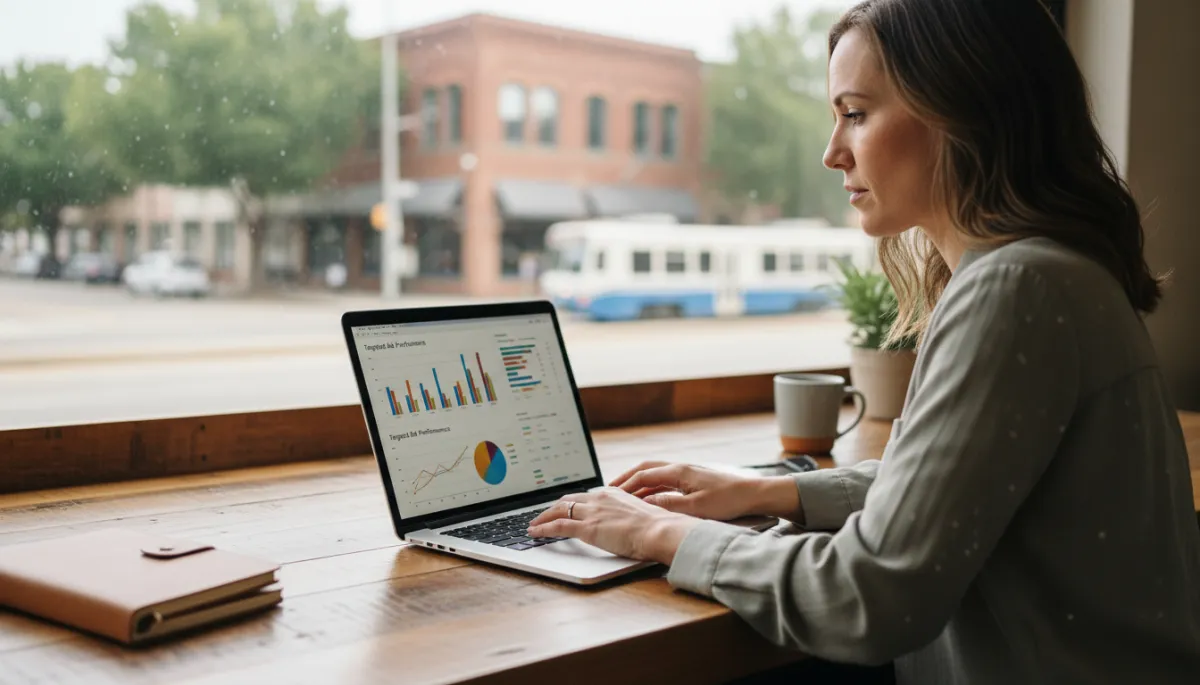 Photorealistic view of a Sacramento business owner analyzing targeted ad performance Photorealistic view of a Sacramento business owner analyzing targeted ad performance