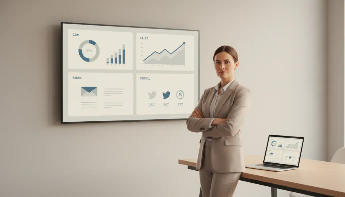 photorealistic neutral-color scene of a confident small business owner standing in front of a wall-mounted screen showing a unified dashboard with CRM, sales, email, and social metrics, with a laptop open on a nearby table