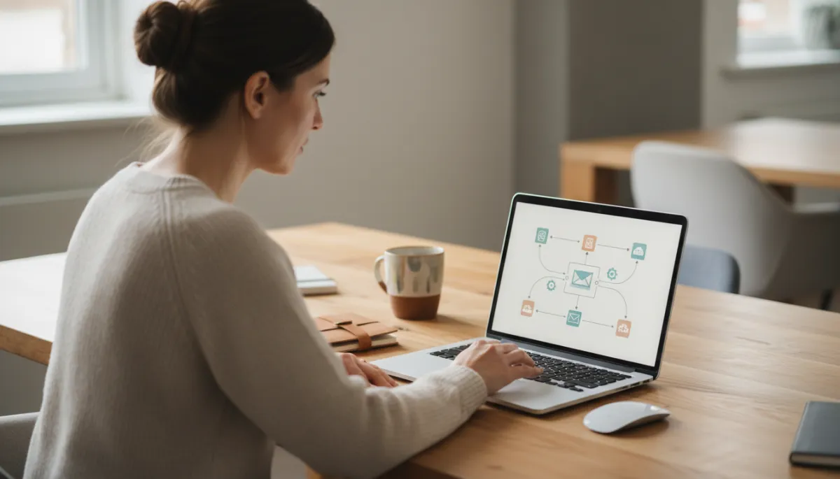 photorealistic neutral-color close-up of a small business owner at a wooden desk, laptop screen showing interconnected app icons and an automation workflow diagram, soft natural light