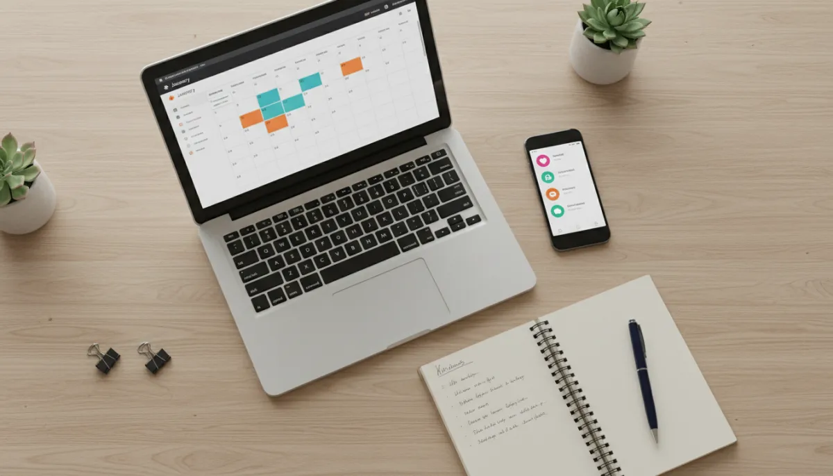 photorealistic neutral-tone overhead shot of a small business owner’s desk with laptop displaying a social media scheduling calendar, smartphone showing notifications, and a notebook with content ideas