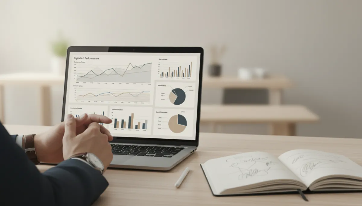 Digital advertising performance charts displayed on a laptop