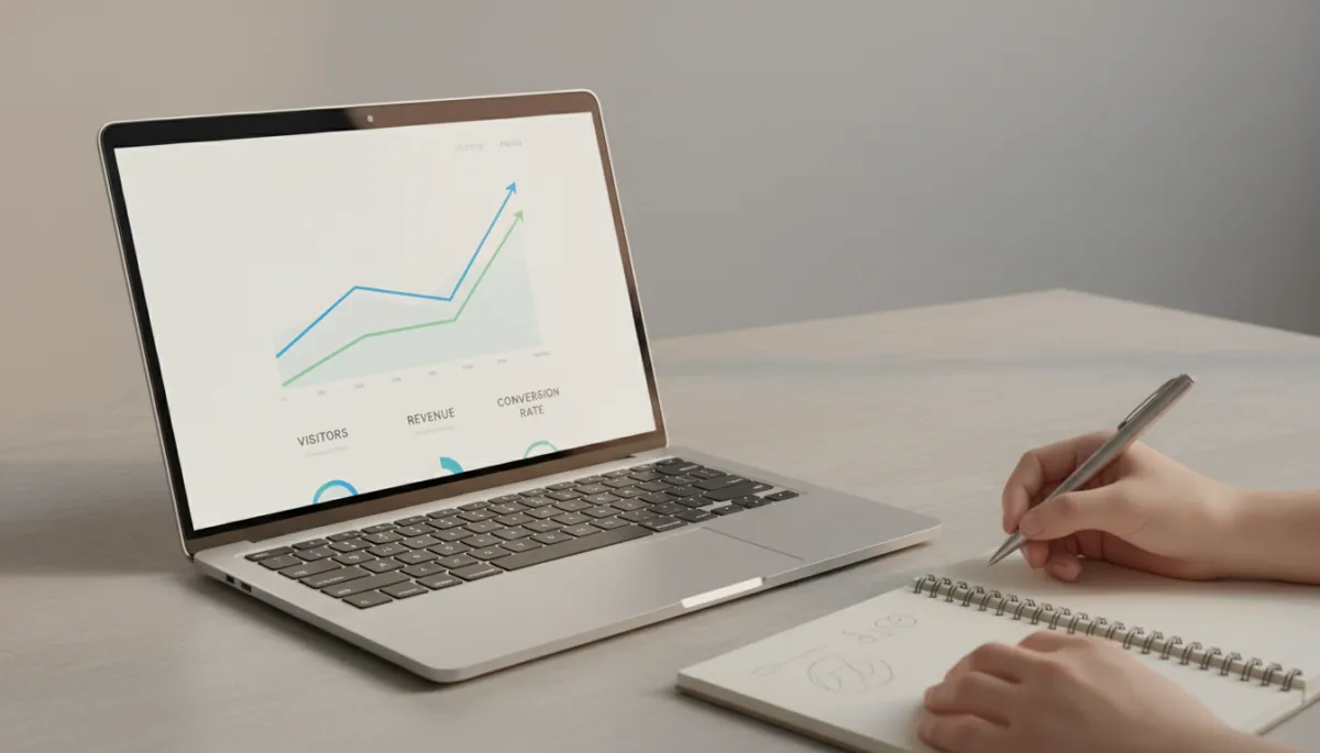 Laptop on a neutral-toned desk displaying a simple website analytics dashboard