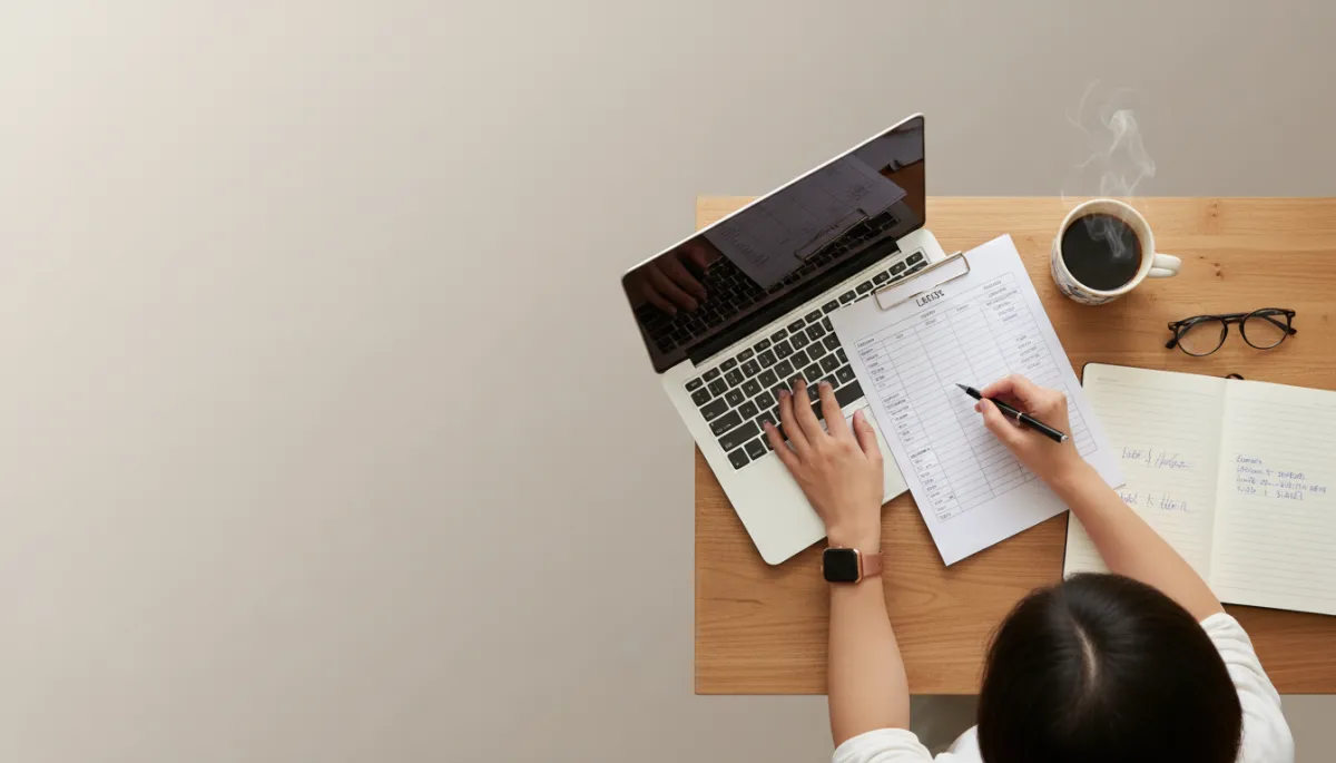 Small business owner reviewing lead and sales numbers on a laptop and printed checklist