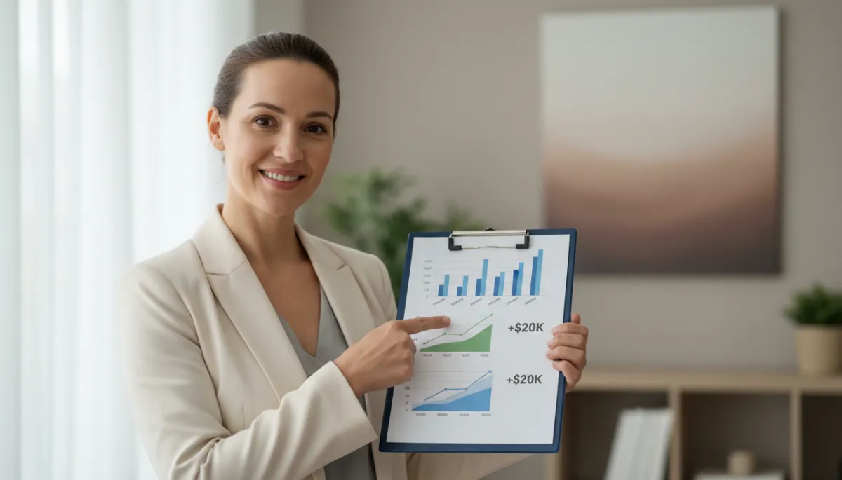 Confident small business owner reviewing a simple printed marketing scorecard in a neutral office
