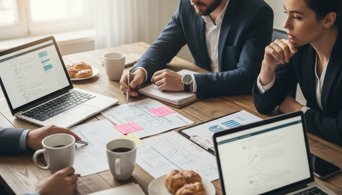 photorealistic neutral-colored close-up of a small business team collaborating over printed process maps and checklists on a wooden table, laptops and coffee cups visible, soft natural office lighting