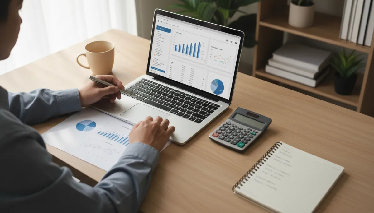 photorealistic neutral-toned overhead view of a small business owner analyzing financial reports and a laptop dashboard at a tidy desk, calculator and notepad nearby, soft daylight from a window