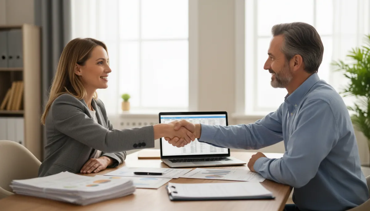 photorealistic neutral-toned shot of a small business owner shaking hands with a returning client across a desk, both smiling, paperwork and laptop visible, bright but soft office lighting