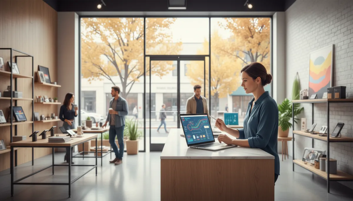 Photorealistic interior of a modern Sacramento storefront, owner at a counter reviewing an automation dashboard on a laptop, customers in background, bright natural light, tree-lined street visible through large windows