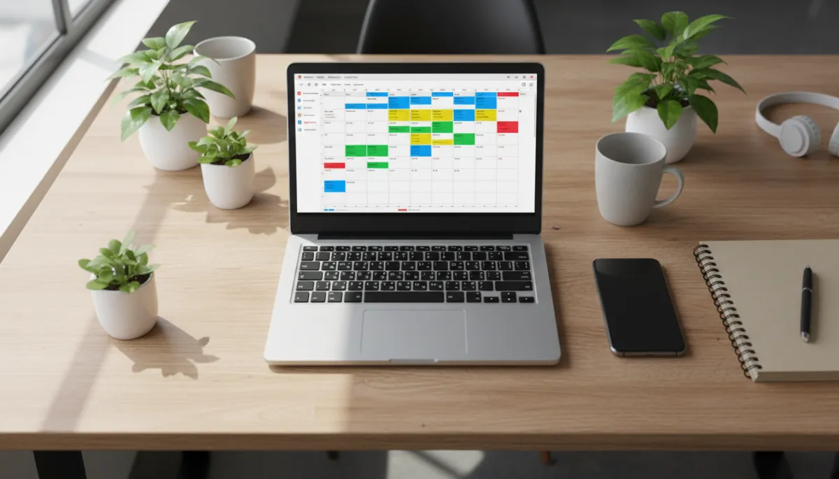 Photorealistic overhead shot of a desk in a Sacramento coworking space, open laptop showing a calendar app filled with color-coded automated bookings, smartphone and notepad nearby, bright natural light