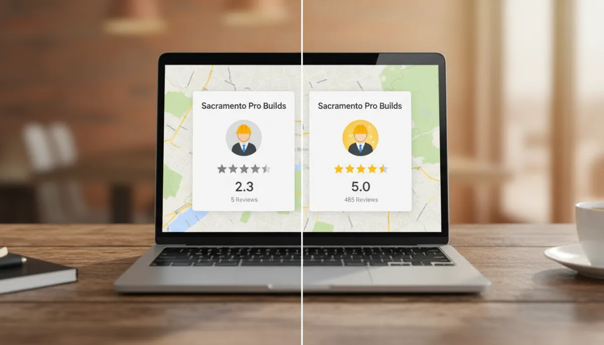 Photorealistic split-screen of a Sacramento contractor’s Google profile, left side with few reviews and right side with many five-star reviews after automation, laptop on a wooden table, warm indoor lighting