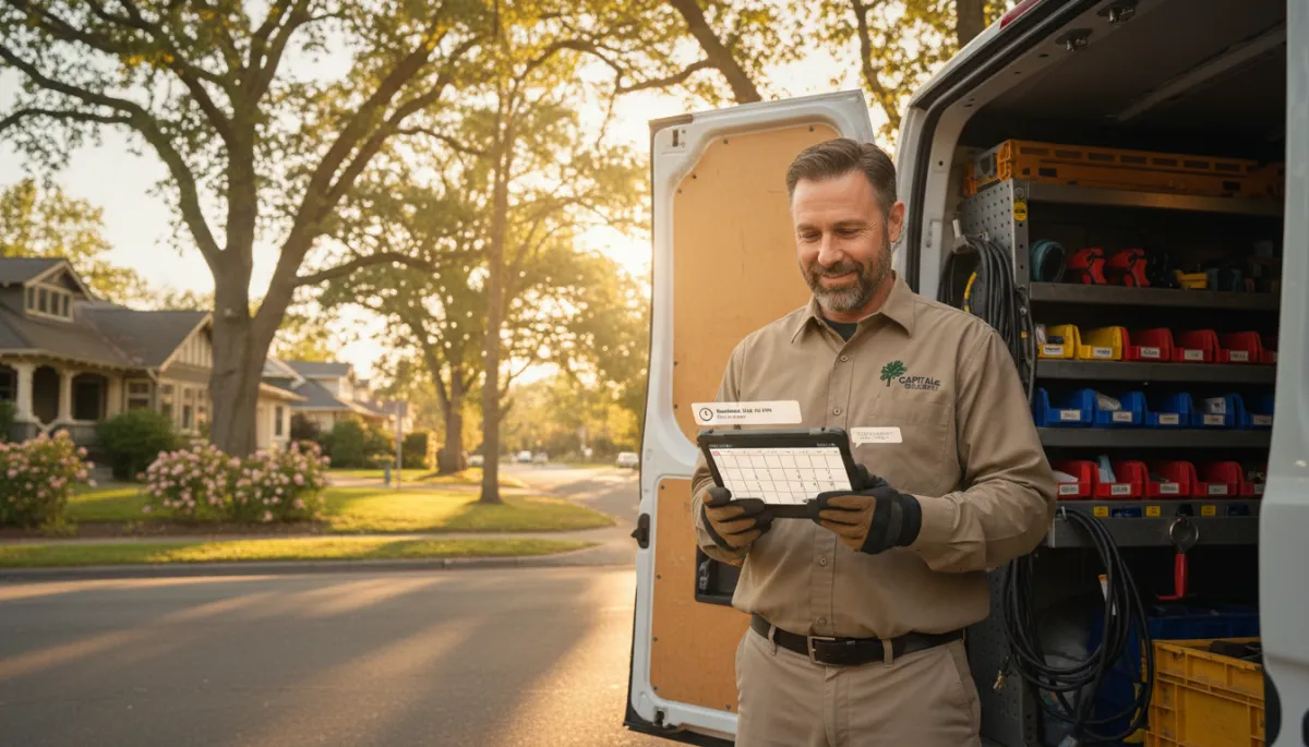 Photorealistic scene of a Sacramento contractor in branded workwear reviewing job schedules and automated text reminders on a tablet at the back of a work van, with suburban homes and mature trees visible in the background, late afternoon golden light