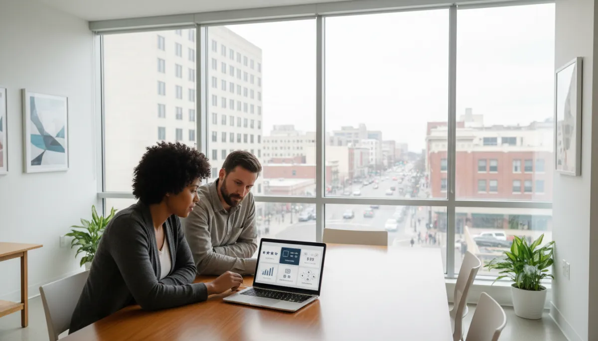 Photorealistic interior of a Midtown Sacramento office with two small business owners collaborating at a table, laptop screen showing dashboards for reviews, social posts, and payments automation, floor-to-ceiling windows with city street outside