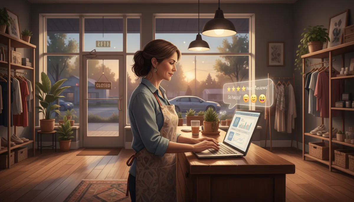 Photorealistic evening view inside a cozy East Sacramento boutique, owner closing out the day at the counter while an open laptop shows automated invoices being sent and new online reviews coming in