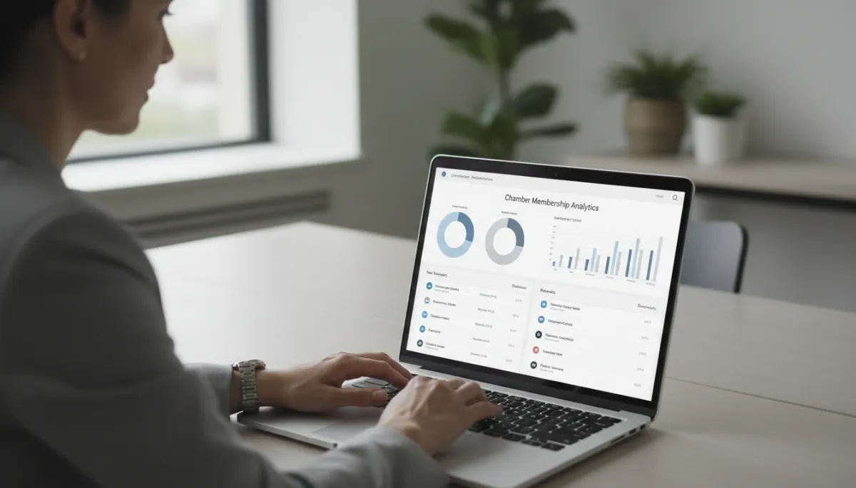 Professional reviewing Chamber membership analytics on EnGaged dashboard Professional reviewing Chamber membership analytics on EnGaged dashboard
