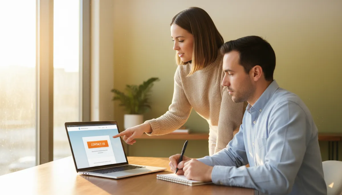 photorealistic warm natural shot of a Sacramento service business office interior, a staff member pointing at a laptop screen that shows a website with a prominent contact button, another person taking notes with a pen, soft indoor lighting