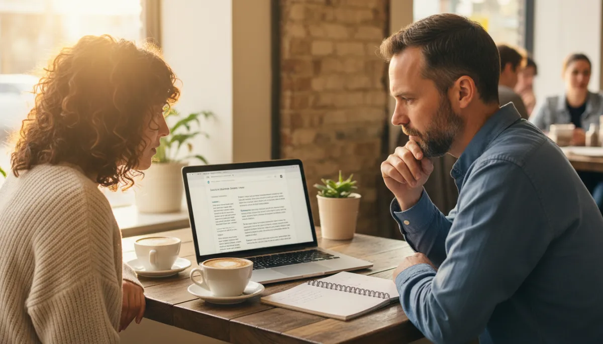 photorealistic warm natural close-up of a small business owner and a marketing consultant sitting at a wooden table in a Sacramento café, reviewing website copy on a laptop, with coffee cups and notepad on the table, soft morning light