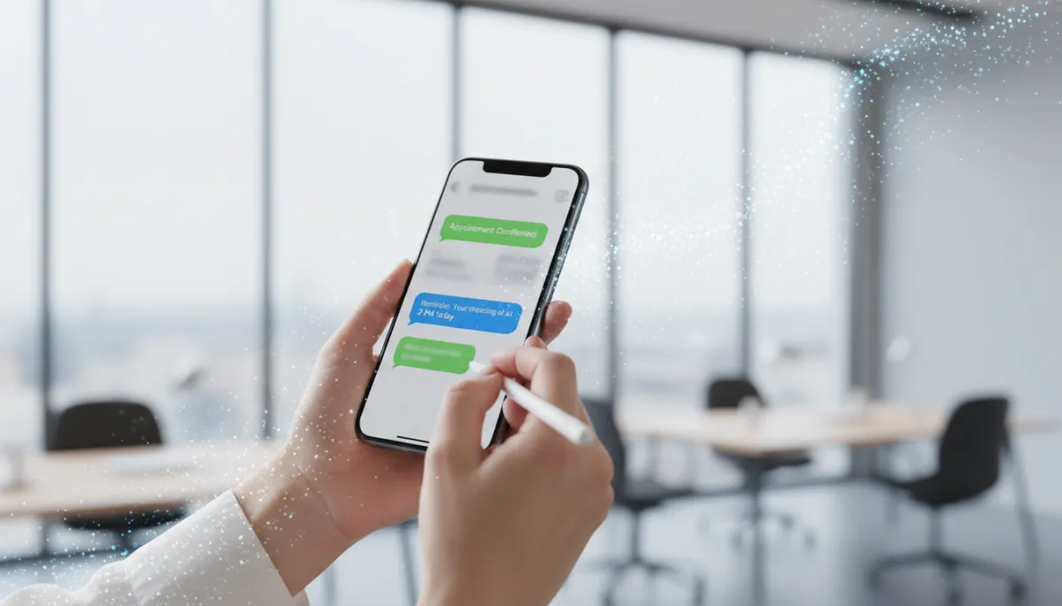 Smartphone showing an SMS appointment reminder conversation on a desk