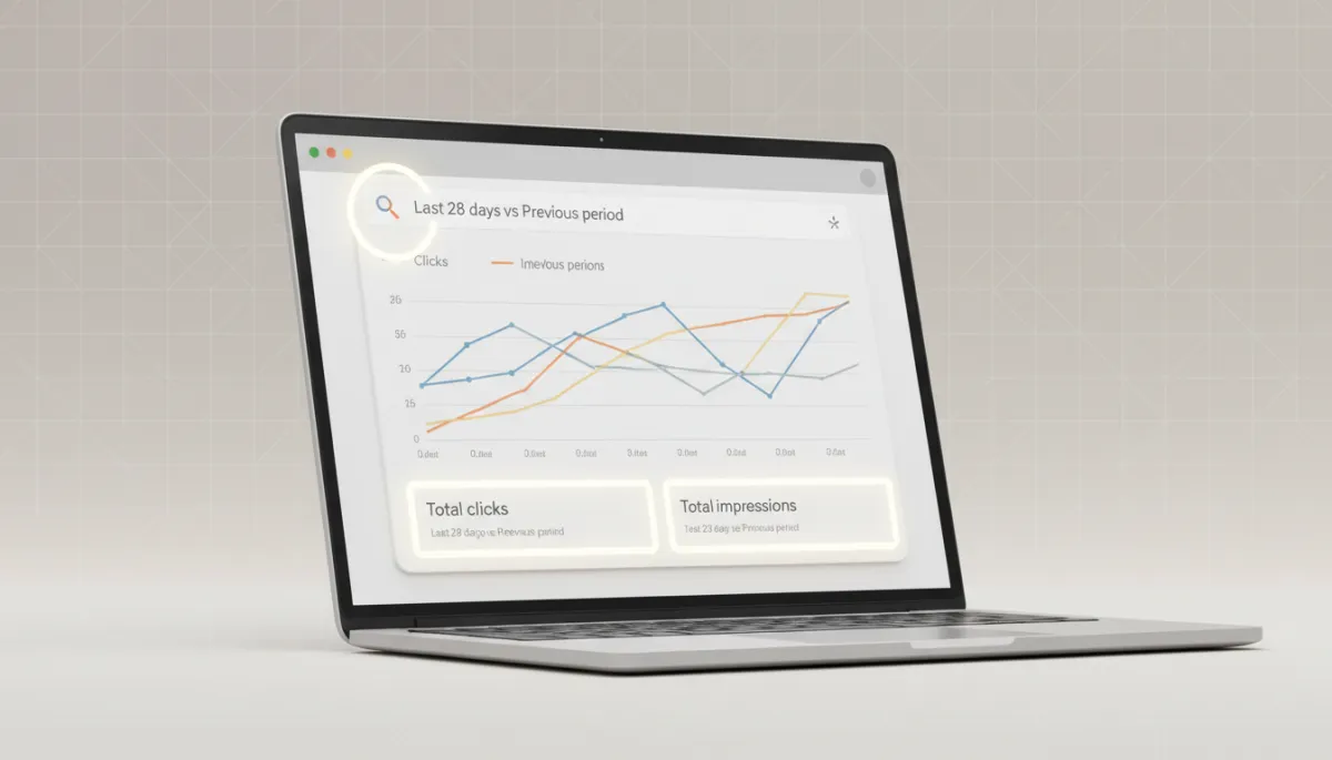professional neutral-toned screenshot-style illustration of Google Search Console performance report on a laptop, with date comparison and line graphs highlighted, subtle grid background