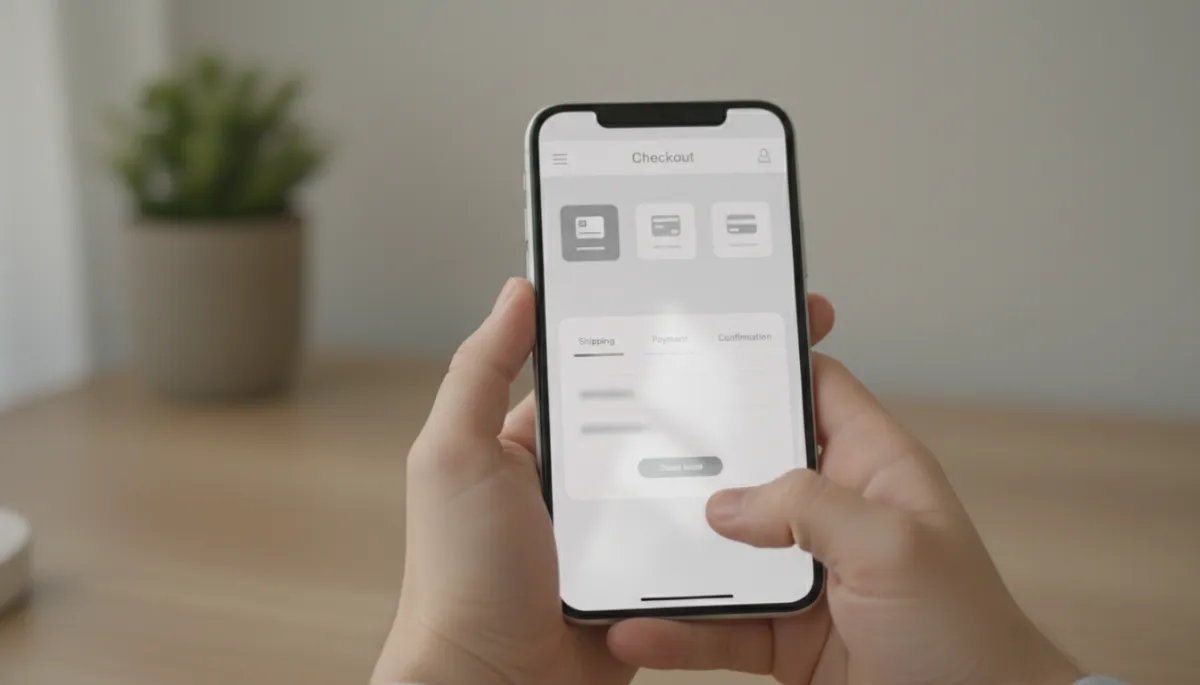 Photorealistic close-up of a user completing a streamlined checkout on a smartphone