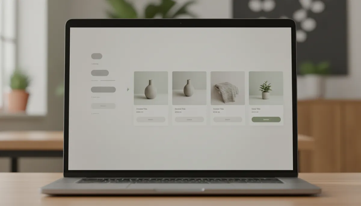 Photorealistic laptop screen showing a smooth skeleton loading transition to product cards