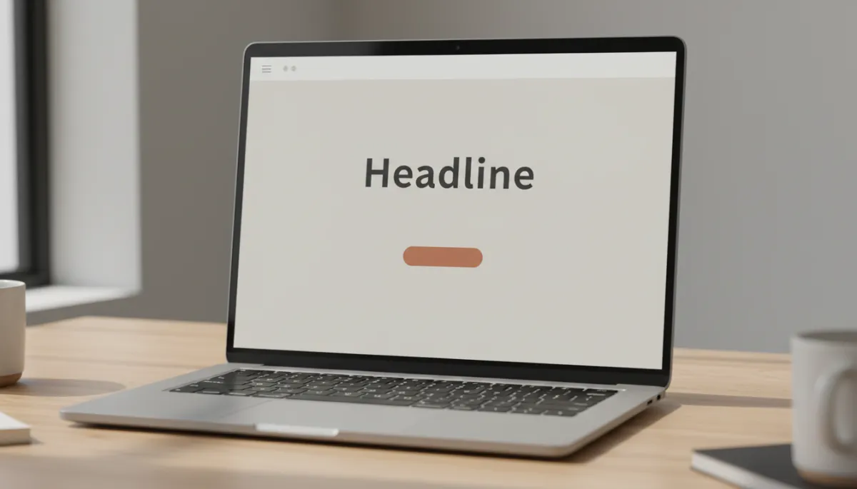 Photorealistic laptop showing a minimalist landing page with generous whitespace