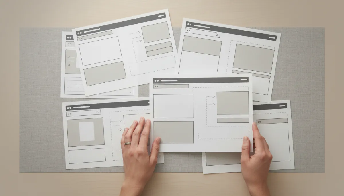 Photorealistic desk with wireframes that emphasize whitespace and clean layout