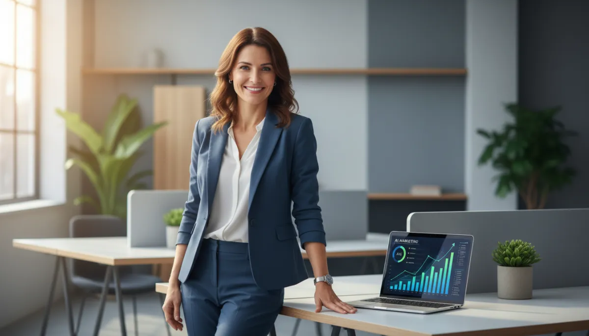 Confident small business owner standing in front of AI marketing performance dashboard