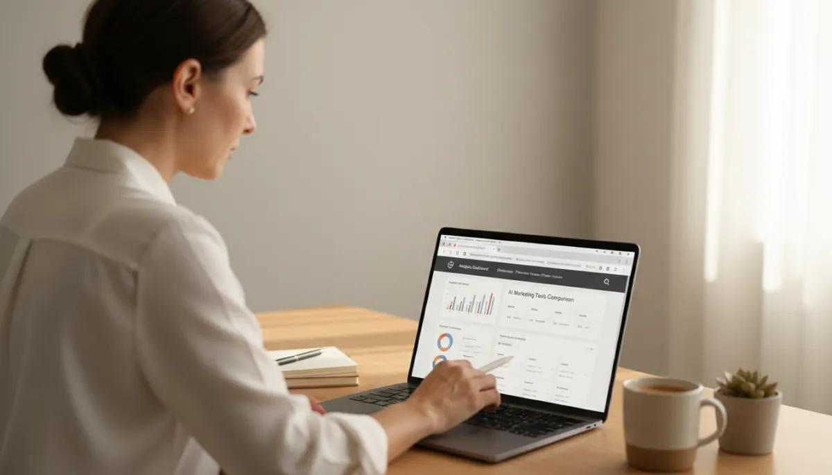 Small business owner comparing different AI marketing tools on a laptop