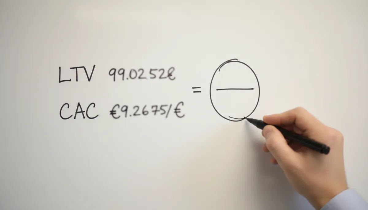 Whiteboard with LTV and CAC numbers written and ratio drawn