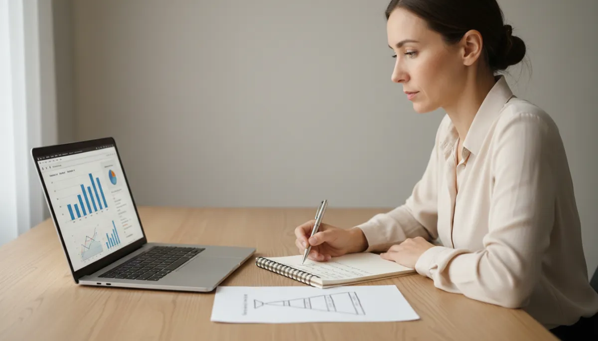 Business owner reviewing website conversion metrics with a funnel sketch