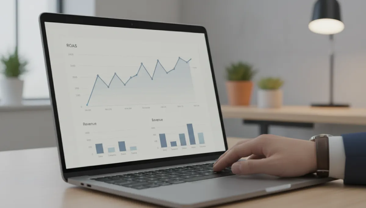 Laptop screen showing ROAS and revenue charts for ad campaigns
