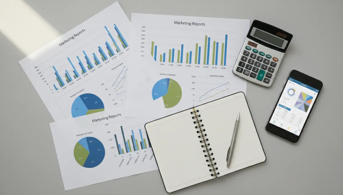 Desk with marketing reports, calculator, and smartphone showing analytics