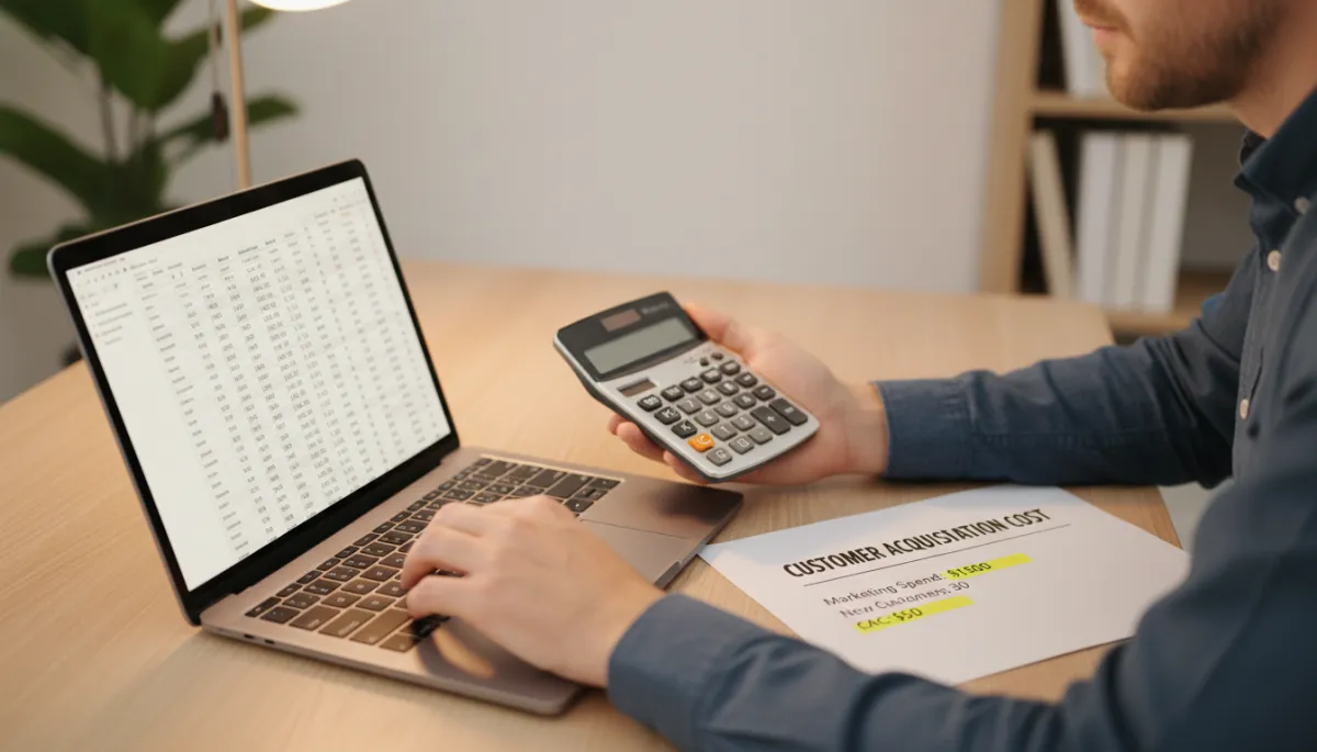 Business owner calculating customer acquisition cost with calculator and laptop