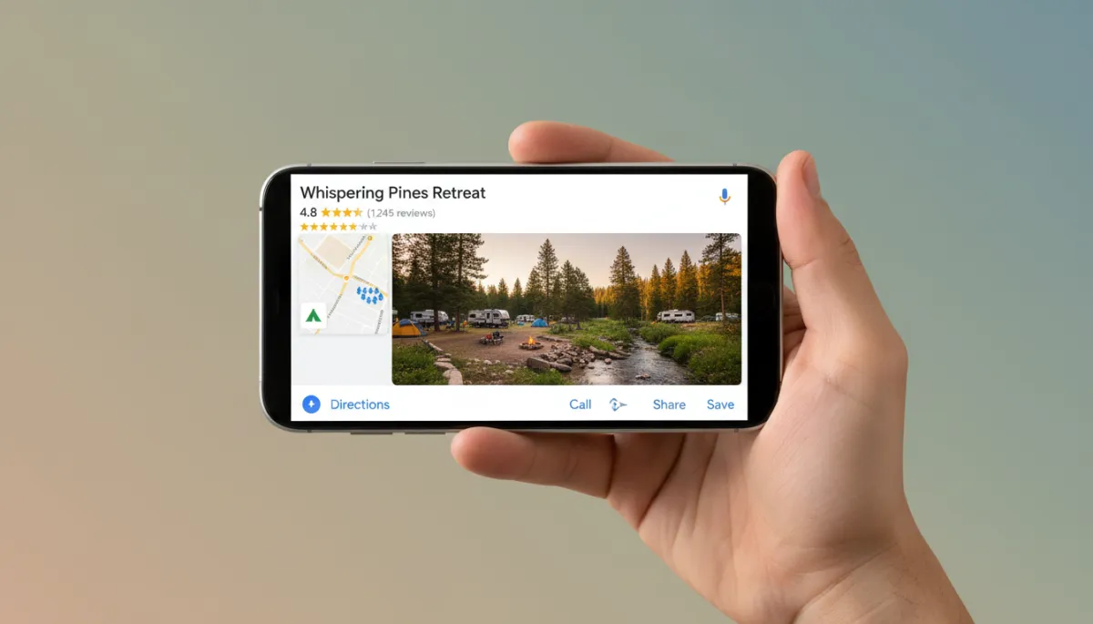 Local Google listing for an independent campground with strong reviews
