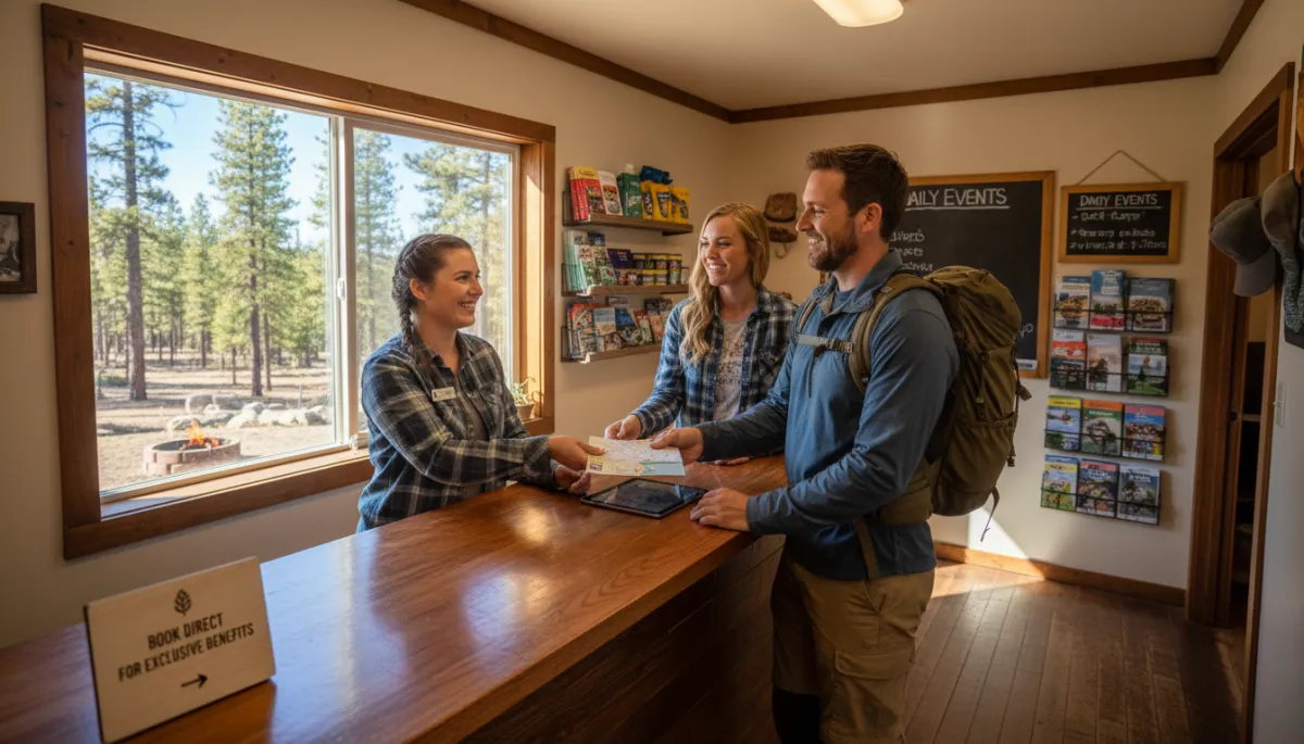 Campground staff welcoming guests and promoting direct booking benefits
