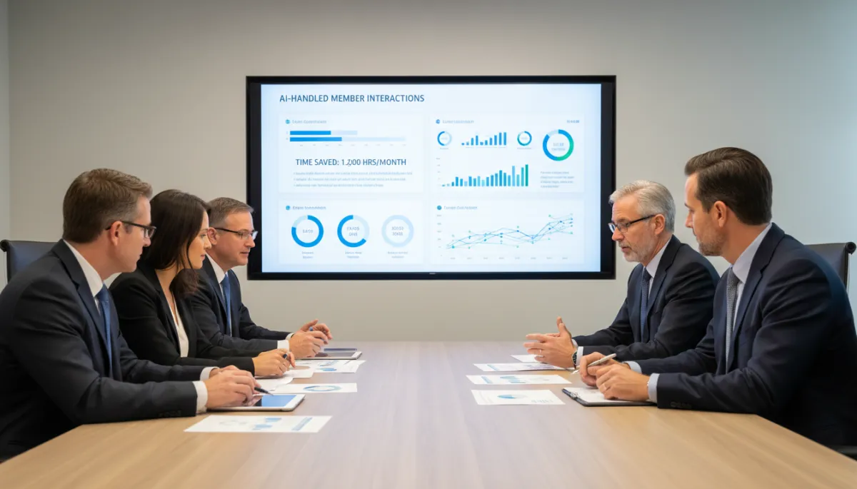 Photorealistic chamber executives reviewing strategy while AI metrics display on screen