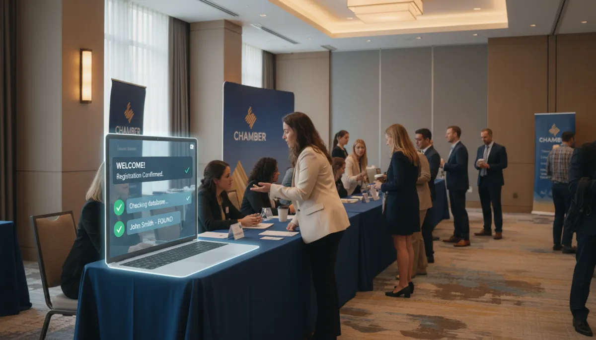 Photorealistic chamber event registration desk using AI chat to confirm attendees