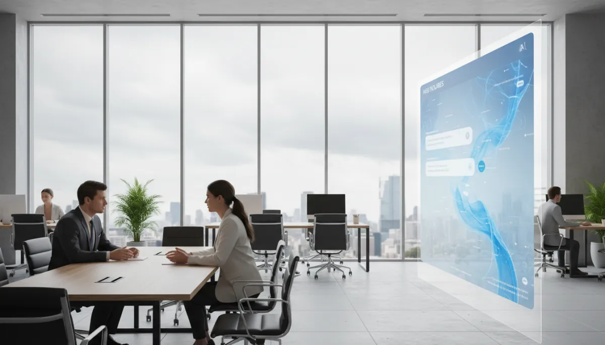 Photorealistic chamber leader meeting with investor while AI handles online inquiries