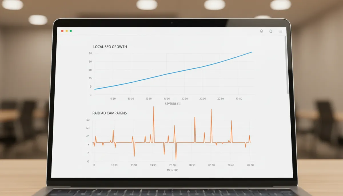 Graph comparing gradual local SEO growth with quick spikes from paid ads