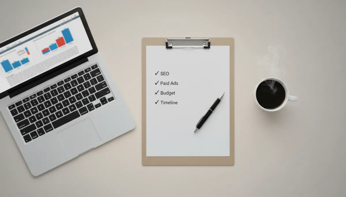 Checklist helping a small business owner choose between local SEO and paid ads