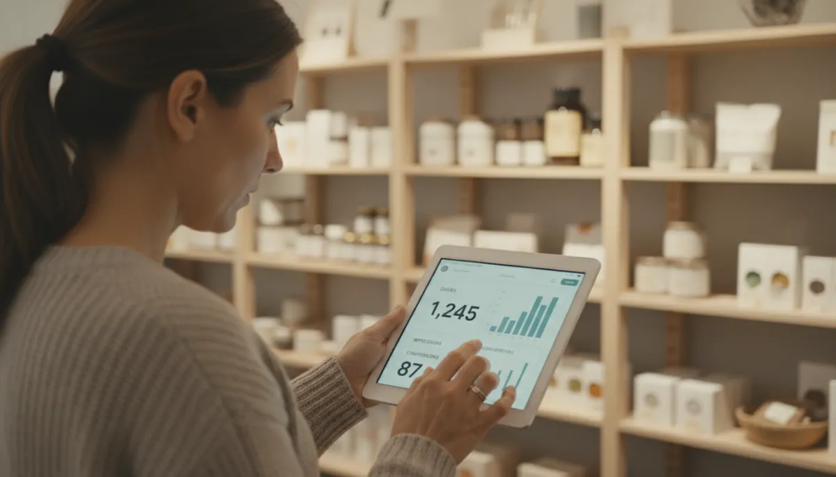 Small business owner reviewing paid advertising campaign metrics on a tablet