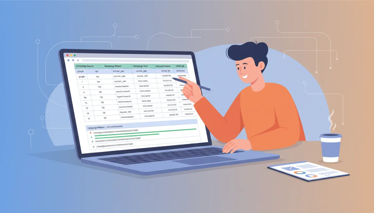 A marketer planning a digital campaign on a laptop, using a spreadsheet template to carefully build organized UTM tracking links. A marketer planning a digital campaign on a laptop, using a spreadsheet template to carefully build organized UTM tracking links.