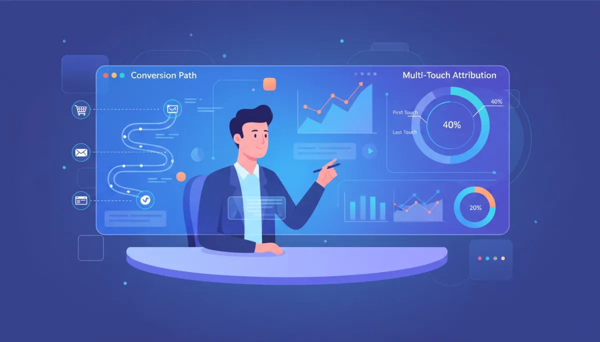 A small business owner analyzing conversion path data and multi-touch marketing attribution models on a modern dashboard interface. A small business owner analyzing conversion path data and multi-touch marketing attribution models on a modern dashboard interface.