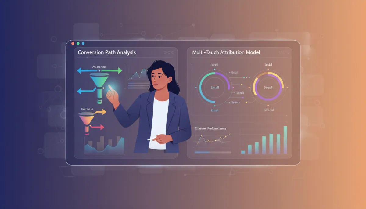 A small business owner analyzing conversion path data and multi-touch marketing attribution models on a modern dashboard interface. A small business owner analyzing conversion path data and multi-touch marketing attribution models on a modern dashboard interface.