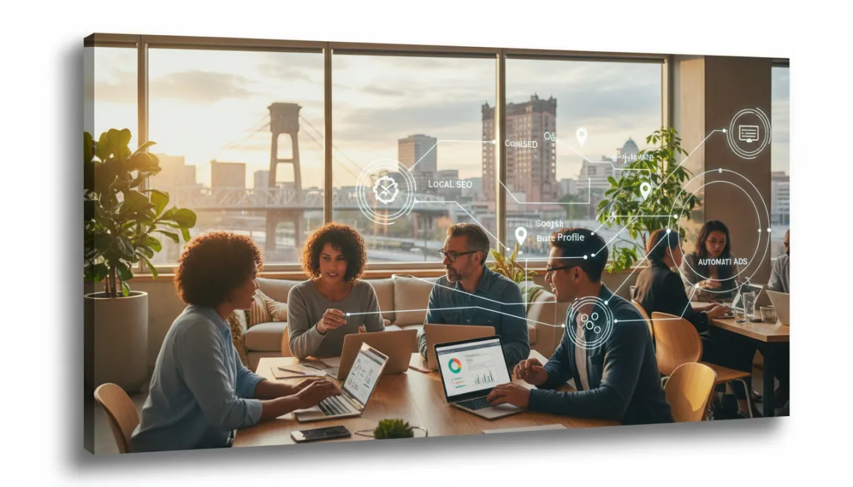 A small team of professionals collaborating and looking at a computer screen in a modern Sacramento office.