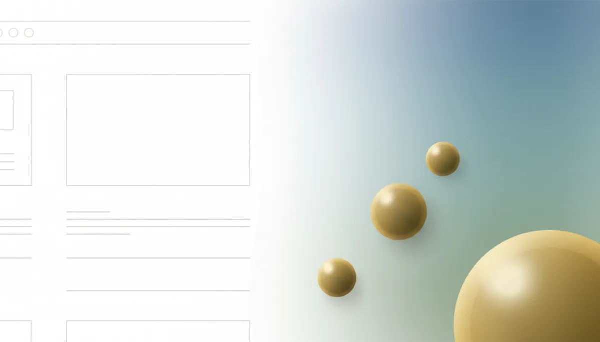 A minimalist, abstract 3D web design layout featuring smooth golden spheres and clean geometric sections with ample whitespace.