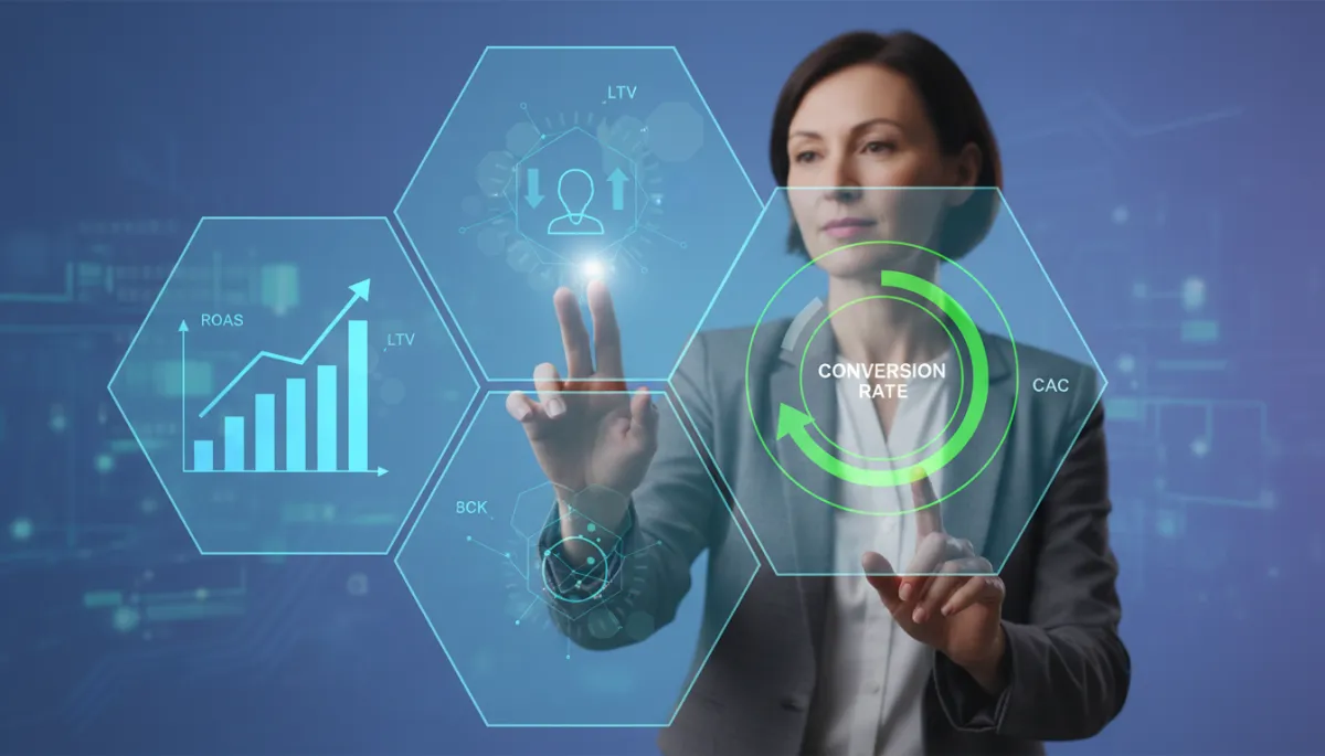 A professional female marketer interacting with a glowing digital interface displaying marketing data, growth charts, and analytical graphs.