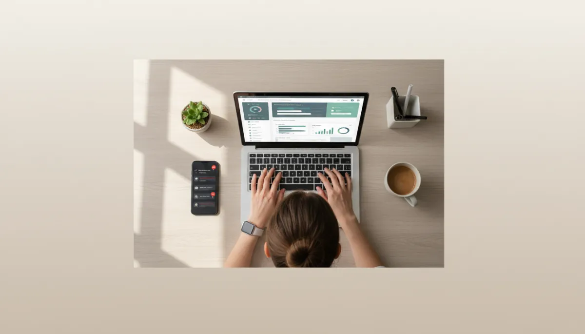 photorealistic overhead view of a small business owner at a neutral-toned desk, laptop open with CRM dashboard, smartphone showing missed calls and unread messages, soft natural light, calm professional atmosphere