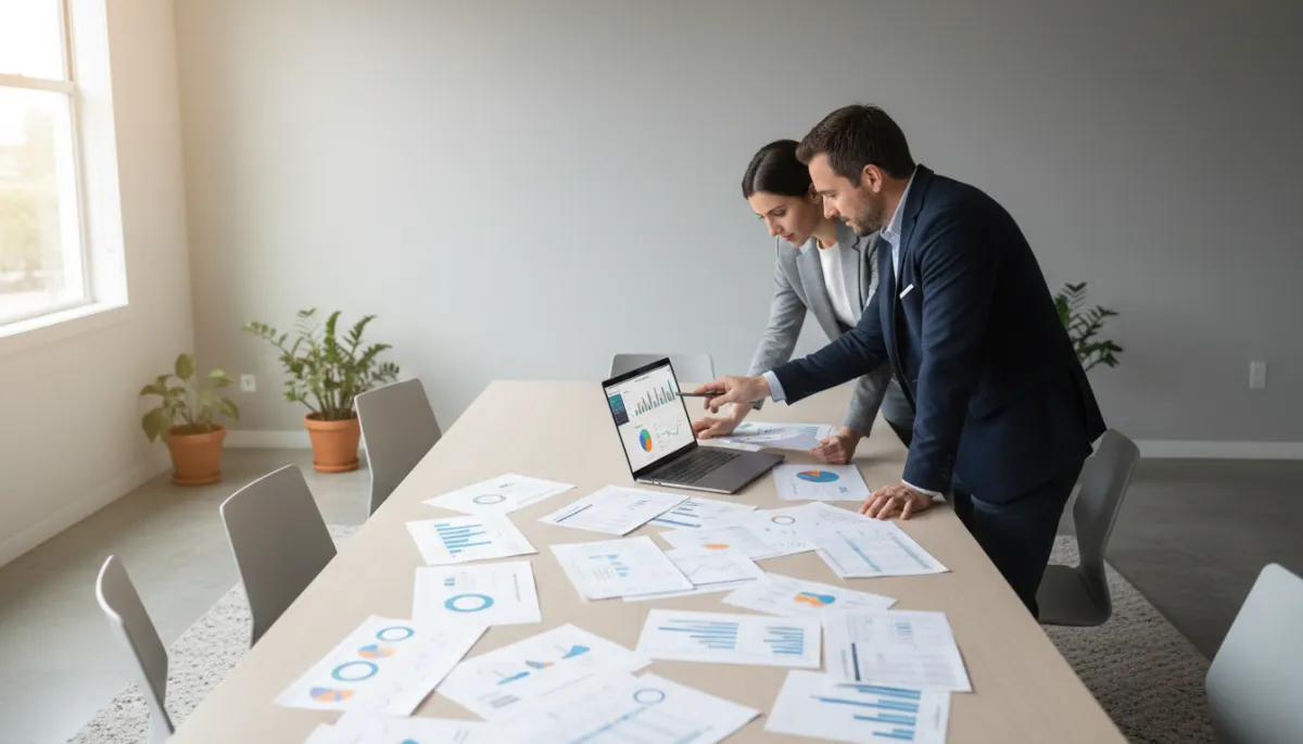 photorealistic neutral-toned modern small business office with two colleagues comparing a laptop CRM dashboard to printed spreadsheets spread across a table, soft natural light, professional environment