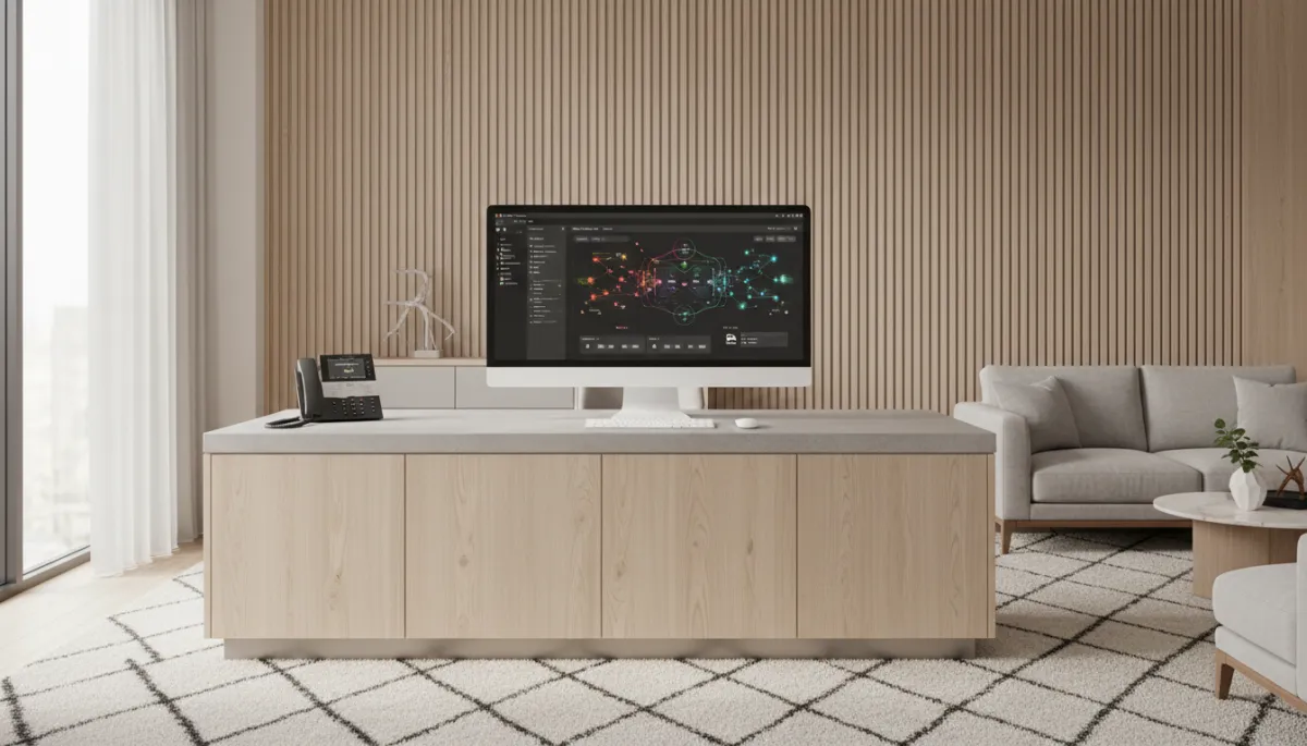 photorealistic neutral-toned modern small business reception area with a desk, phone, and computer screen showing a voice AI dashboard, soft natural light, calm professional atmosphere
